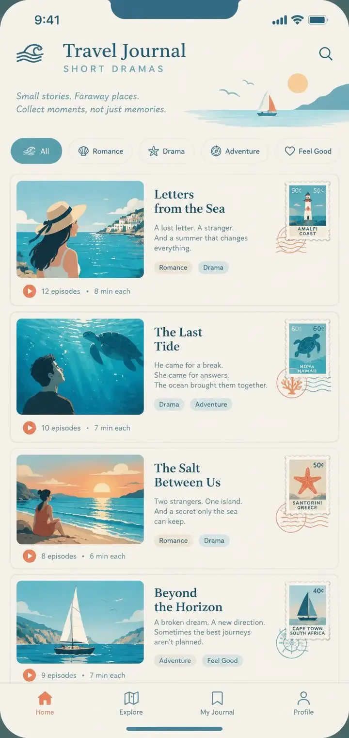 红果短剧 APP 界面预览，展示旅行手账风格的短剧列表